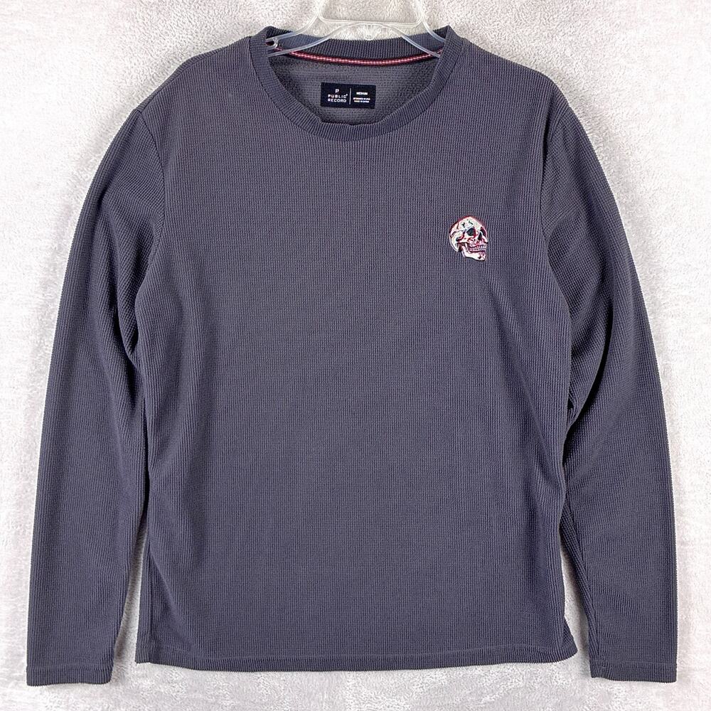 Public Record Shirt Mens M Gray Waffle Knit Thermal Embroidered Skull Grunge